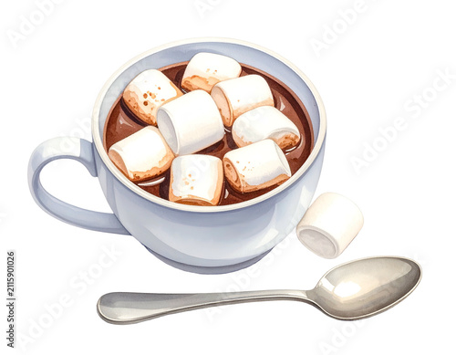 White ceramic cup of hot chocolate with fluffy marshmallows and silver spoon