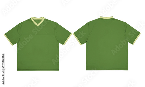 Fotografie Boxy jersey olive green v neck shirt displayed from front and back views