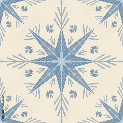 Seamless watercolour and unique snow flakes pattern background for covers, notes, Soft backgrounds colour. Watercolour art work. snow flakes pattern background for winter vibes.
