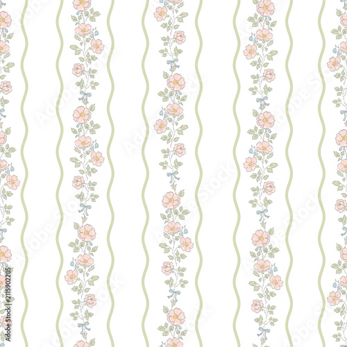 Vintage Botanical Wallpaper Pattern with Pink Wild Roses