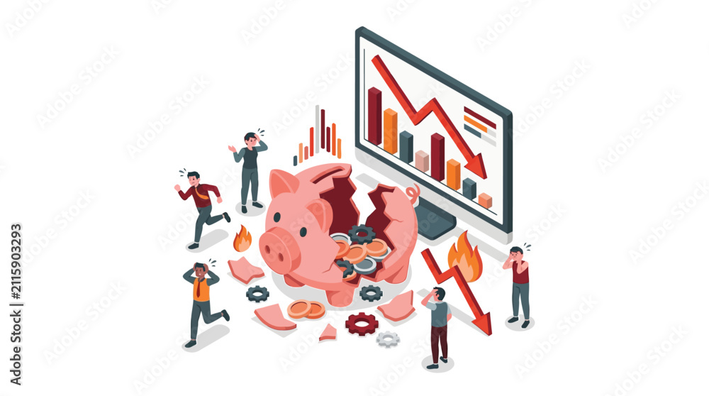Naklejka premium Isometric illustration of an economic crisis featuring a broken pink piggy bank, declining stock market charts on a computer monitor, stressed people, and red falling arrows.