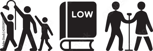 Social care and legal icons representing support for elderly people and public law regulation and service, walking aid