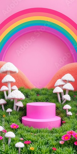 Fluffy white mushrooms sprout from lush green grass amidst a whimsical rainbow-colored landscape, with a pink podium at center stage, ||pink, playful