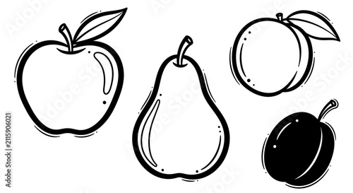 Four fruit icons in black with black white illustration line art drawing graphic simple design vector apple peach pear plum
