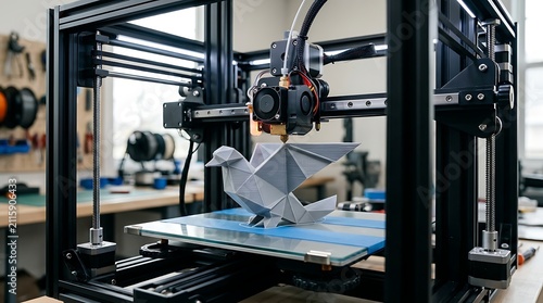 Desktop three dimensional printer creating geometric bird sculpture in modern workshop environment with working plastic geometric