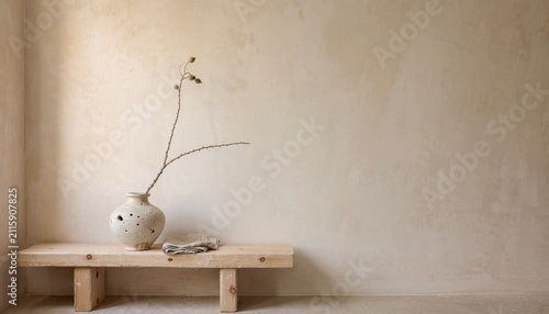 Japanese Wabi Sabi Background Concept. Minimalist interior with a rustic bench, ceramic vase, and textured beige wall.