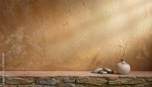 Japanese Wabi Sabi Background Concept. Minimalist still life with vase, incense sticks, and stones on rustic surface.