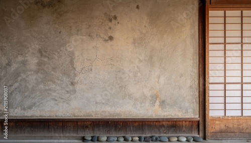 Japanese Wabi Sabi Background Concept. Traditional Japanese interior wall with textured plaster and wooden sliding door