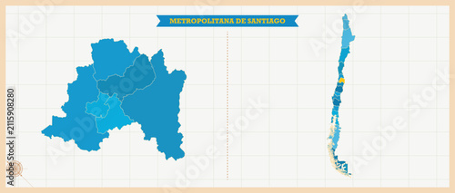 Metropolitana de Santiago Region Highlighted in Chile Map, Modern Chile and Metropolitana de Santiago Administrative Map, Colorful High Detailed Vector with Geographical Borders