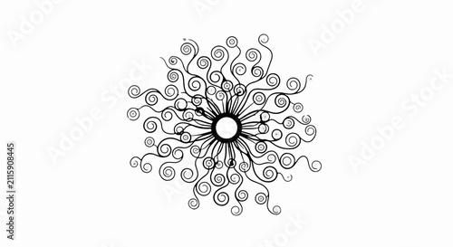Intricate black abstract floral design with swirling tendrils and circular elements on white background