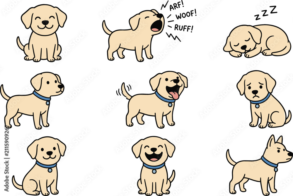 Fototapeta premium Cute Labrador Puppy Character Vector Set with Different Emotions, Actions, Barking, Sleeping, Wagging Tail, and Sitting Poses for Pet App Graphics
