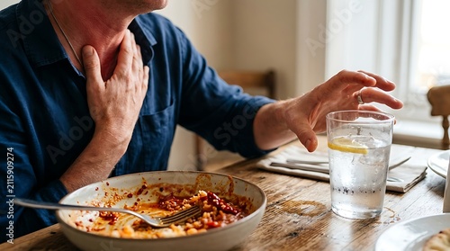 Man reaching for water while choking on spicy food during a meal at a wooden table with rustic wooden dining holding his throat