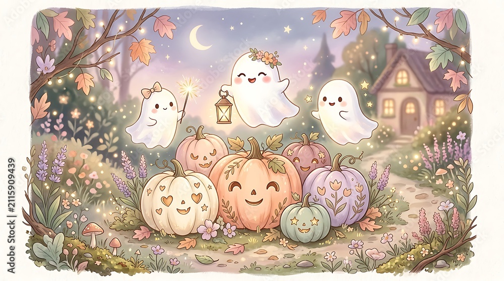 Fototapeta premium Cute halloween ghosts and pastel pumpkins in magical autumn garden with charming house and twinkling lights.