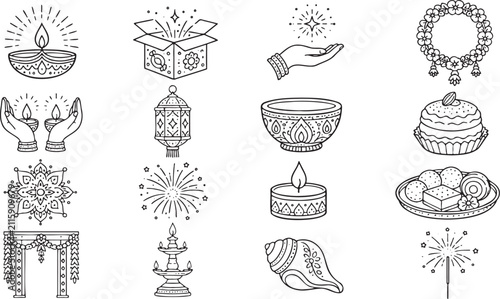 Diwali Festival Outline Icons Set – Traditional Indian Celebration Elements with Diya, Rangoli, Lantern, Sweets and Decorative Symbols