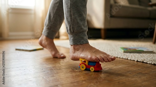 Barefoot adult stepping painfully on small colorful toy train resting on hardwood living room floor with foot accidentally stepping