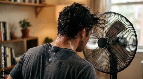 Sweaty man cooling down facing electric fan during summer heatwave inside cozy living room setting with relief high temperatures