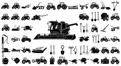 Bild auf Leinwand Collection of farming vehicles and tools in black silhouette with silhouette whi