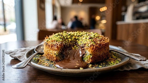 Decadent middle eastern shredded pastry dessert filled with molten chocolate and topped with crushed pistachios with displays gourmet kunafa dessert served rustic plate