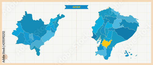 Azuay Province Highlighted in Ecuador Map, Modern Ecuador and Azuay Administrative Map, Colorful High Detailed Vector with Geographical Borders