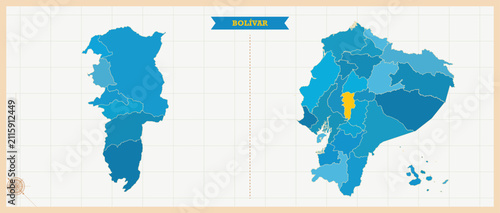 Bolívar Province Highlighted in Ecuador Map, Modern Ecuador and Bolívar Administrative Map, Colorful High Detailed Vector with Geographical Borders
