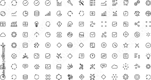 FinTech business analytics data tracking and strategic planning line art icons vector set
