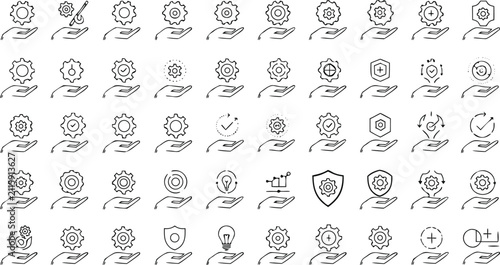  Hand holding gear line icons vector pack for strategic planning risk management optimization