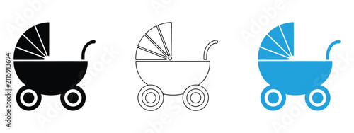 Baby stroller and pram icons with infant carriage, newborn transport, childcare equipment, parenting, family travel, and baby mobility symbol variations in outline, solid, filled outline, and colorful
