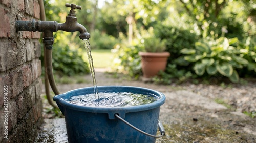 Water flowing from outdoor garden tap into blue bucket