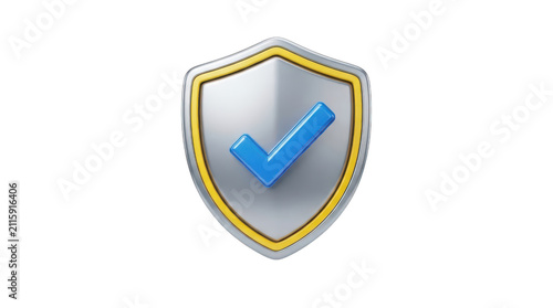 Metallic shield icon with a blue check mark symbol isolated on transparent background, illustration
