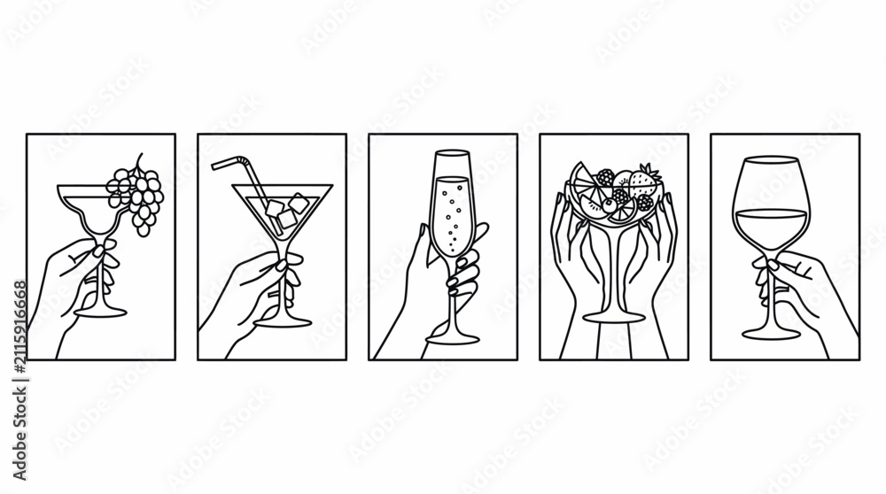 Fototapeta premium Drink Glass Hand Icon Set for Cocktail and Beverage Design