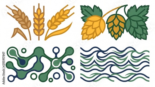 Brewing ingredients and abstract elements, a flat vector illustration set of wheat, hops, organic shapes, and water waves, perfect for beer production and beverage design.
