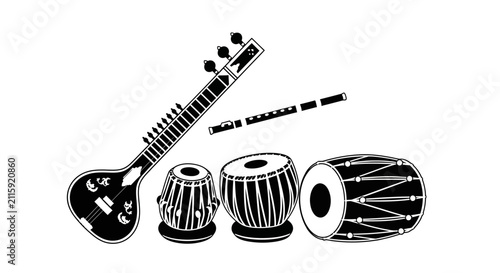 Cuadro en lienzo Traditional indian musical instruments sitar with sitar three indian drums white