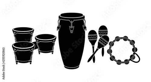 Fotografie Black and white illustration of various musical drums with instruments percussio