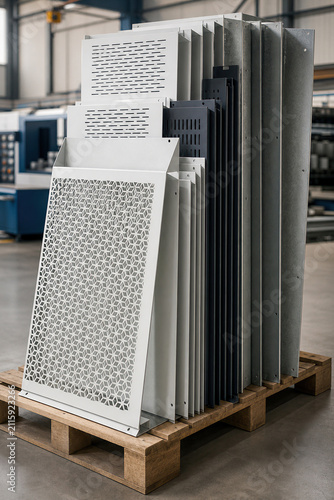 Laser cut metal sheets with geometric patterns stacked on a wooden pallet. Industrial metalworking components for construction and manufacturing. Heavy duty steel panel engineering product.