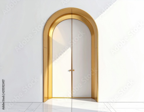 Elegant arched double doors with a gilded frame against a stark white wall