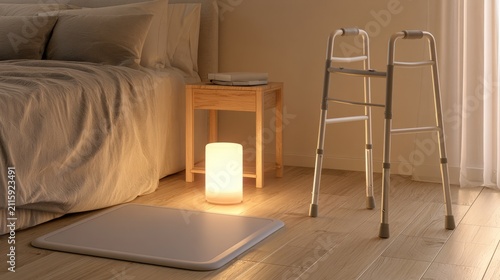 Smart fall detection mat with walker and night light in elderly bedroom