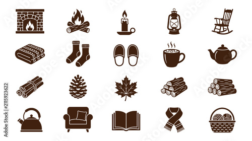 Cozy autumn and winter comfort icon set in flat vector style