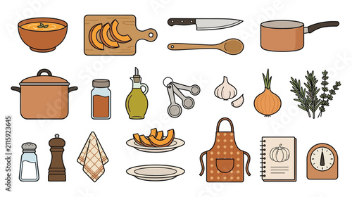 Kitchen cooking tools and ingredients vector illustration set