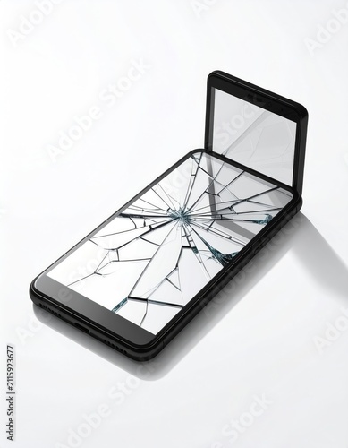 Foldable phone with shattered screen on a white background