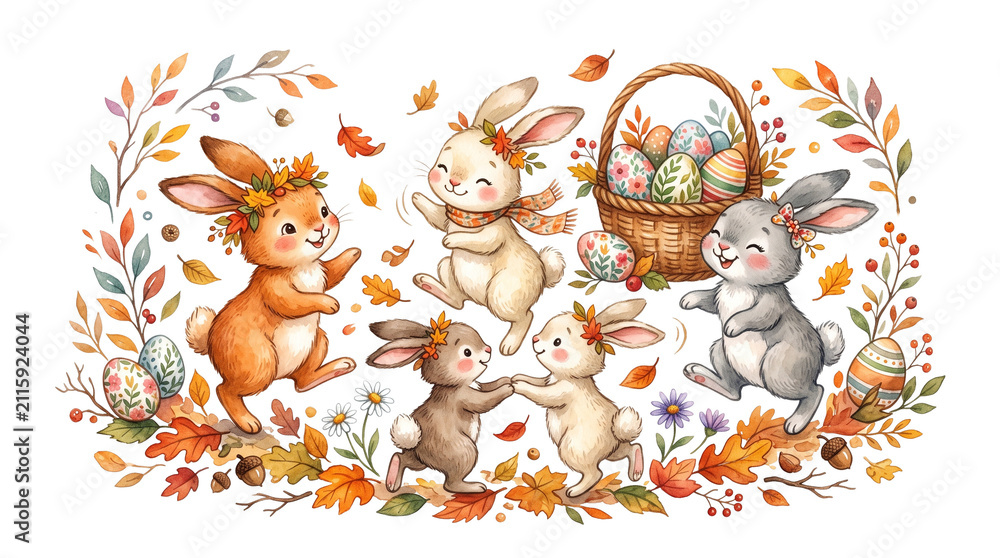 Obraz premium cute easter bunnies dancing with easter eggs, basket and leaves frame, isolated on transparent background