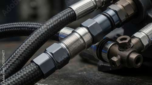 Industrial hydraulic hose assembly with high pressure metallic fittings and braided rubber lines for heavy duty machinery.