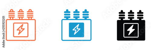 Electrical transformer and substation icons illustrating power distribution equipment, utility infrastructure, high voltage transformer, electrical grid, energy transmission, and engineering symbols i