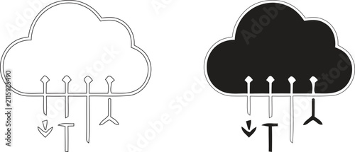 Cloud Computing Data Connection Vector Icon, Network Infrastructure Line Art Symbol