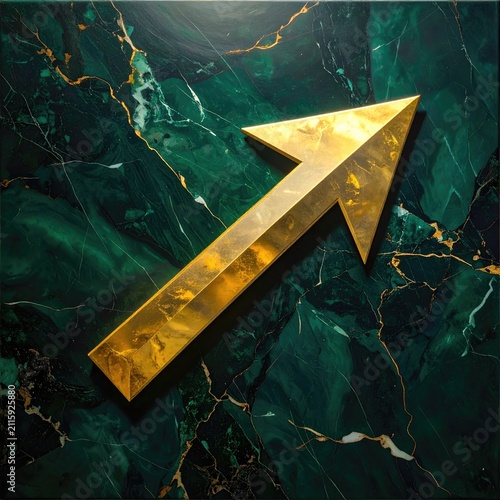 Golden arrow points upward on a dark green marbled background
