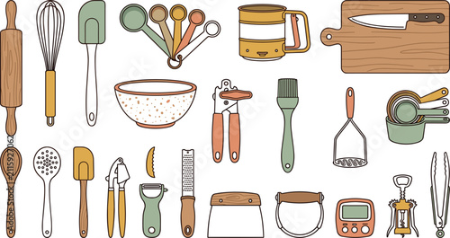 Bild auf Leinwand Vector set of kitchen tool and utensil line icons featuring rolling pin whisk sp