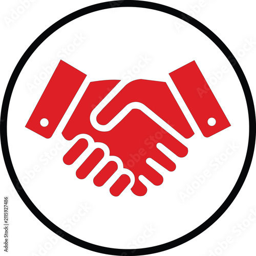 Red handshake icon in a circle. Business agreement symbol for corporate partnership.
