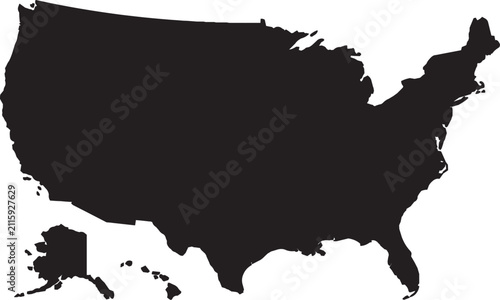 USA map silhouette. Black shape of the United States of America isolated on white background.