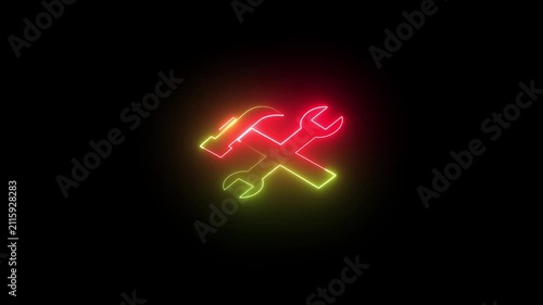 Neon glowing tools forming a cross shape in darkness with cinematic motion and selective focus