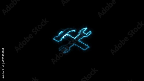 Wrench and Gear Abstract Animation with Neon Glow Against Dark Background