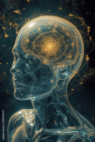a transparent human silhouette in profile, with a golden spiral neural network glowing inside its head, symbolizing the work of consciousness, thinking, or cosmic intelligence.